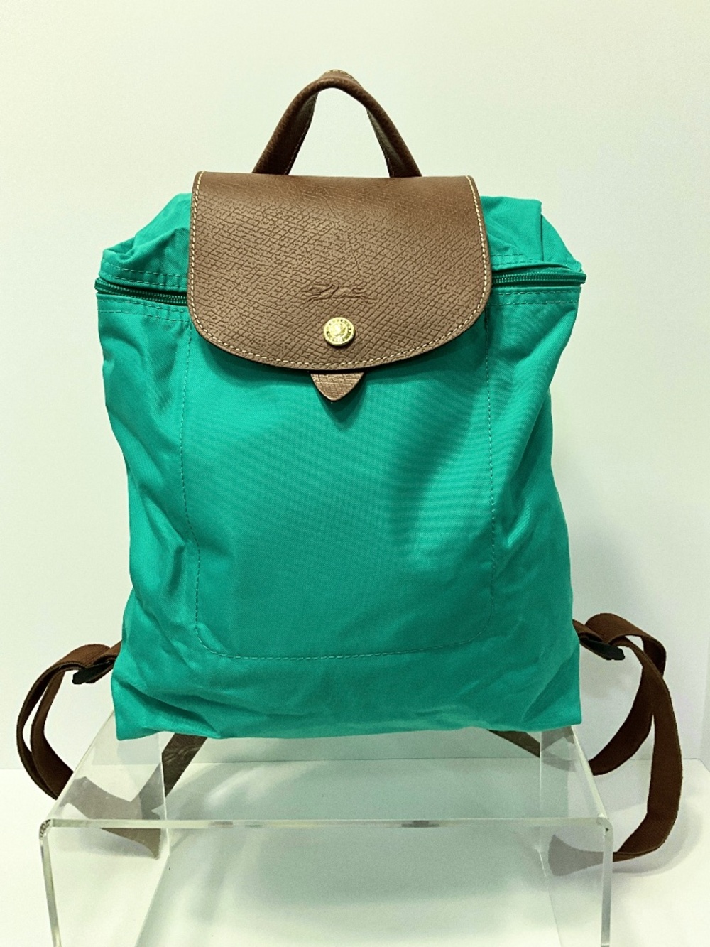 Longchamp Sea Green Nylon Backpack with Brown Leather Flap nwot